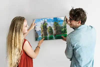 Magnetic glass dry erase board featuring a lake and trees nature scene