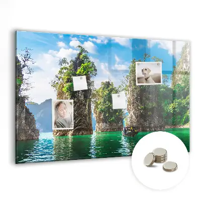 Magnetic glass dry erase board featuring a lake and trees nature scene