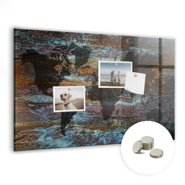 Magnetic glass dry erase board with a rust world map design