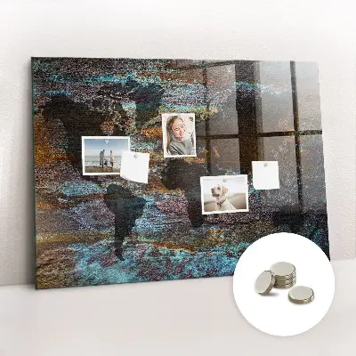 Magnetic glass dry erase board with a rust world map design
