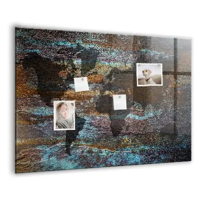 Magnetic glass dry erase board with a rust world map design