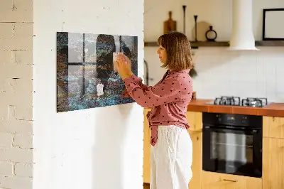 Magnetic glass dry erase board with a rust world map design