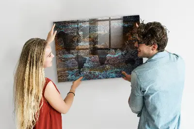Magnetic glass dry erase board with a rust world map design