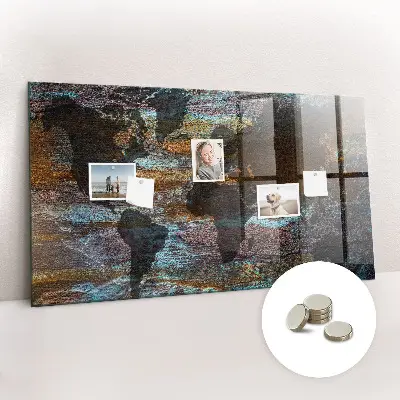 Magnetic glass dry erase board with a rust world map design