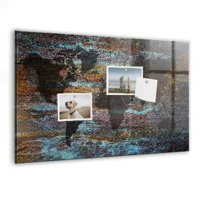 Magnetic glass dry erase board with a rust world map design