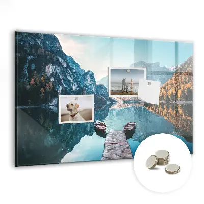 Magnetic glass dry erase board with boats on the lake design