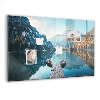 Magnetic glass dry erase board with boats on the lake design