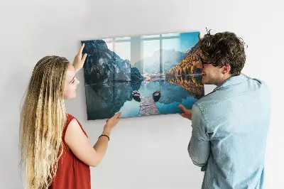 Magnetic glass dry erase board with boats on the lake design
