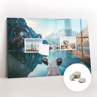 Magnetic glass dry erase board with boats on the lake design