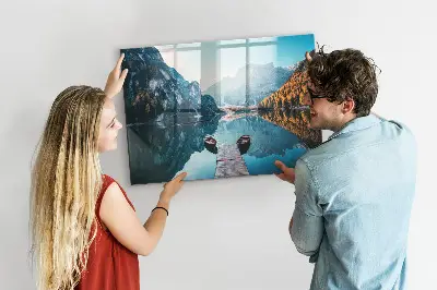 Magnetic glass dry erase board with boats on the lake design