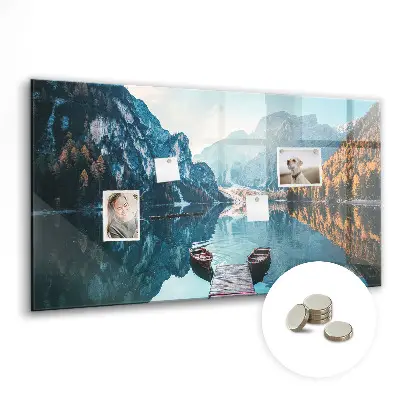 Magnetic glass dry erase board with boats on the lake design