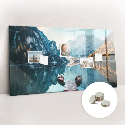 Magnetic glass dry erase board with boats on the lake design