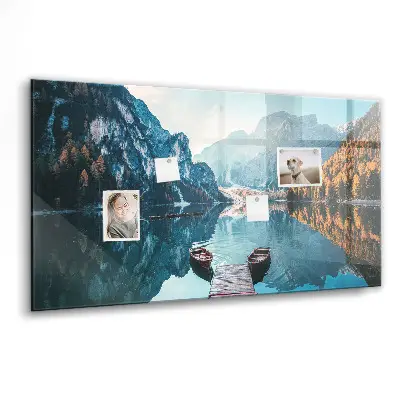 Magnetic glass dry erase board with boats on the lake design