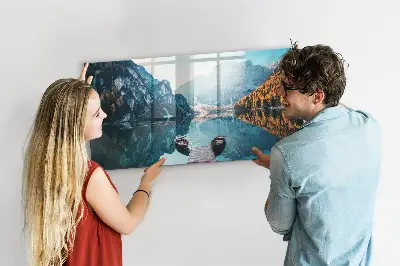 Magnetic glass dry erase board with boats on the lake design