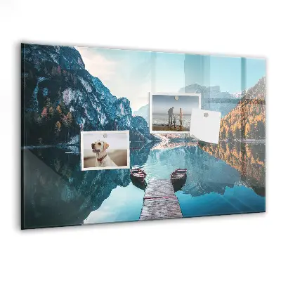 Magnetic glass dry erase board with boats on the lake design
