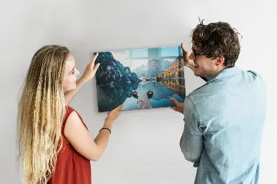 Magnetic glass dry erase board with boats on the lake design