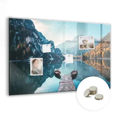 Magnetic glass dry erase board with boats on the lake design