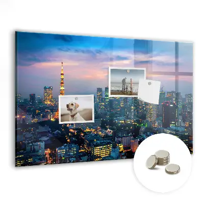 Magnetic glass dry erase board featuring a city at night