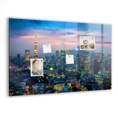Magnetic glass dry erase board featuring a city at night