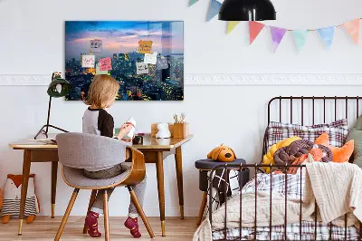 Magnetic glass dry erase board featuring a city at night