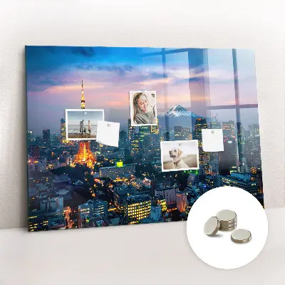 Magnetic glass dry erase board featuring a city at night