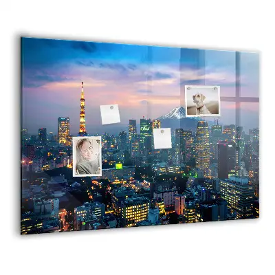 Magnetic glass dry erase board featuring a city at night