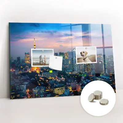 Magnetic glass dry erase board featuring a city at night