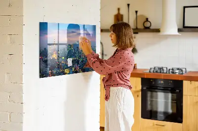 Magnetic glass dry erase board featuring a city at night