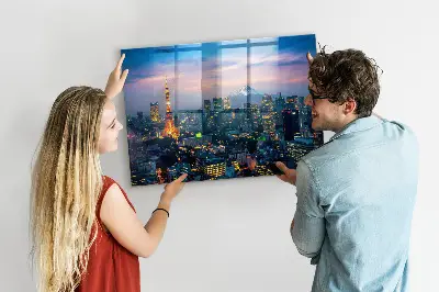 Magnetic glass dry erase board featuring a city at night