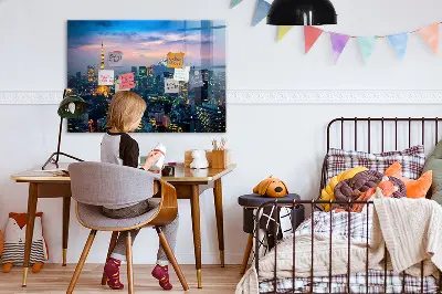 Magnetic glass dry erase board featuring a city at night