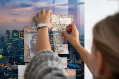 Magnetic glass dry erase board featuring a city at night