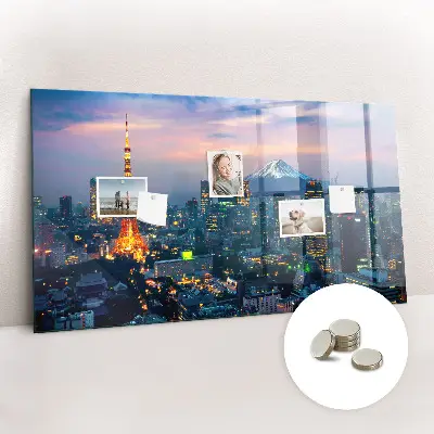 Magnetic glass dry erase board featuring a city at night