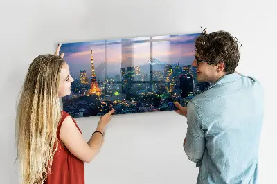 Magnetic glass dry erase board featuring a city at night