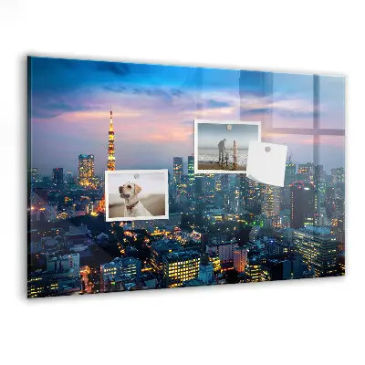 Magnetic glass dry erase board featuring a city at night