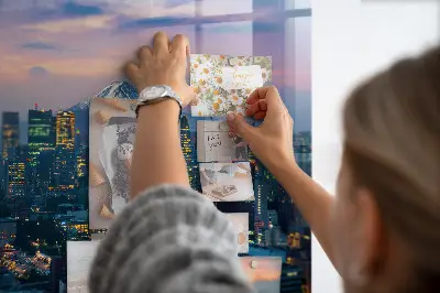 Magnetic glass dry erase board featuring a city at night
