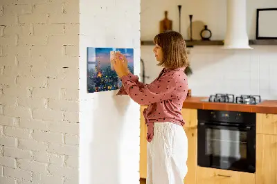 Magnetic glass dry erase board featuring a city at night