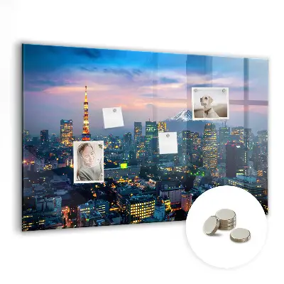 Magnetic glass dry erase board featuring a city at night