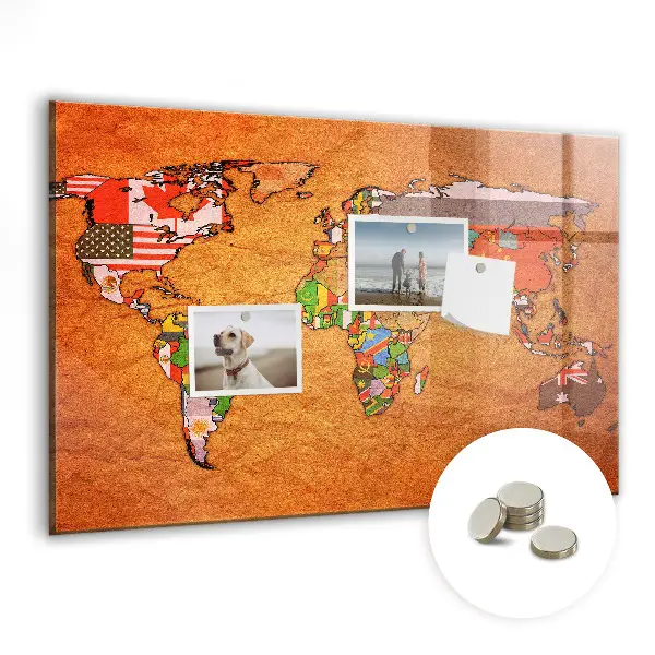 Magnetic glass dry erase board with world map and flag design