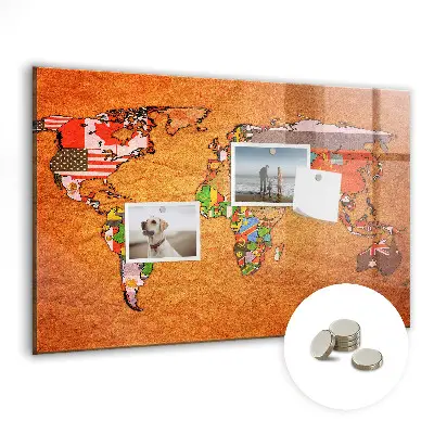 Magnetic glass dry erase board with world map and flag design