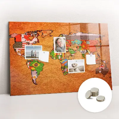 Magnetic glass dry erase board with world map and flag design