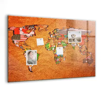Magnetic glass dry erase board with world map and flag design