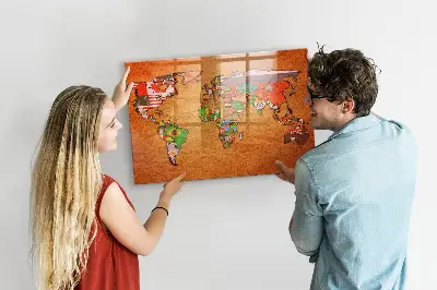 Magnetic glass dry erase board with world map and flag design