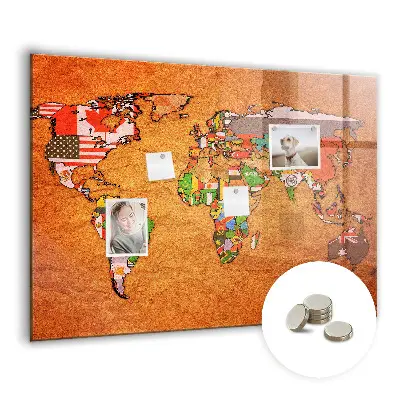 Magnetic glass dry erase board with world map and flag design