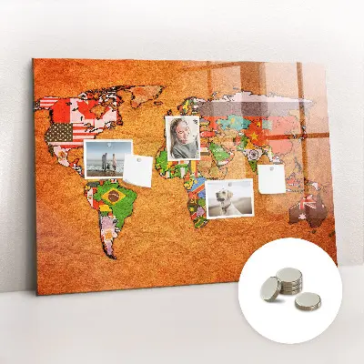 Magnetic glass dry erase board with world map and flag design