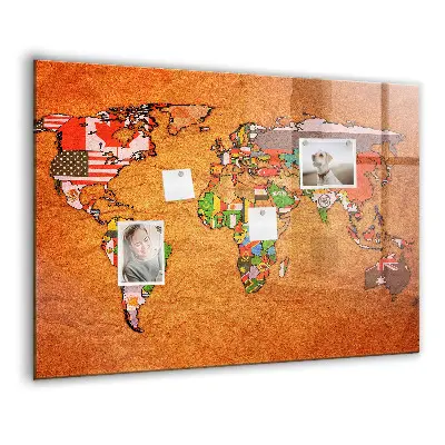 Magnetic glass dry erase board with world map and flag design