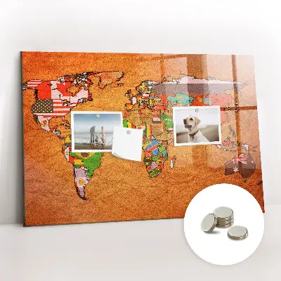 Magnetic glass dry erase board with world map and flag design