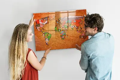 Magnetic glass dry erase board with world map and flag design