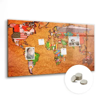 Magnetic glass dry erase board with world map and flag design