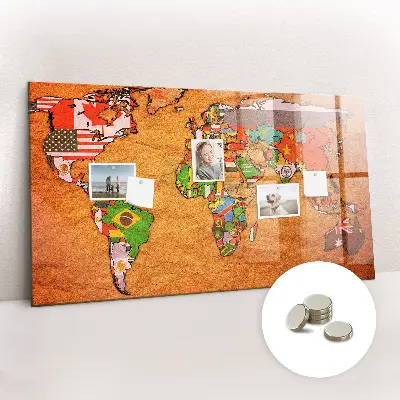 Magnetic glass dry erase board with world map and flag design