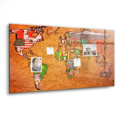 Magnetic glass dry erase board with world map and flag design